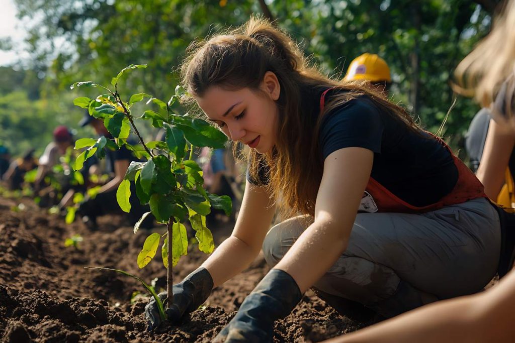 Mujeres sembrando árboles en una actividad comunitaria
