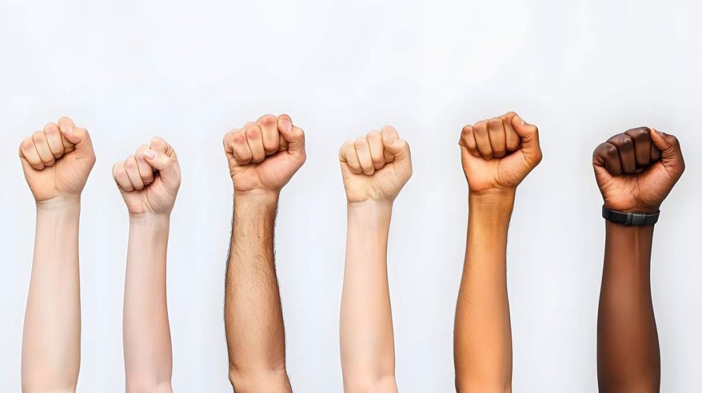 Puños en alto de mujeres diversas
